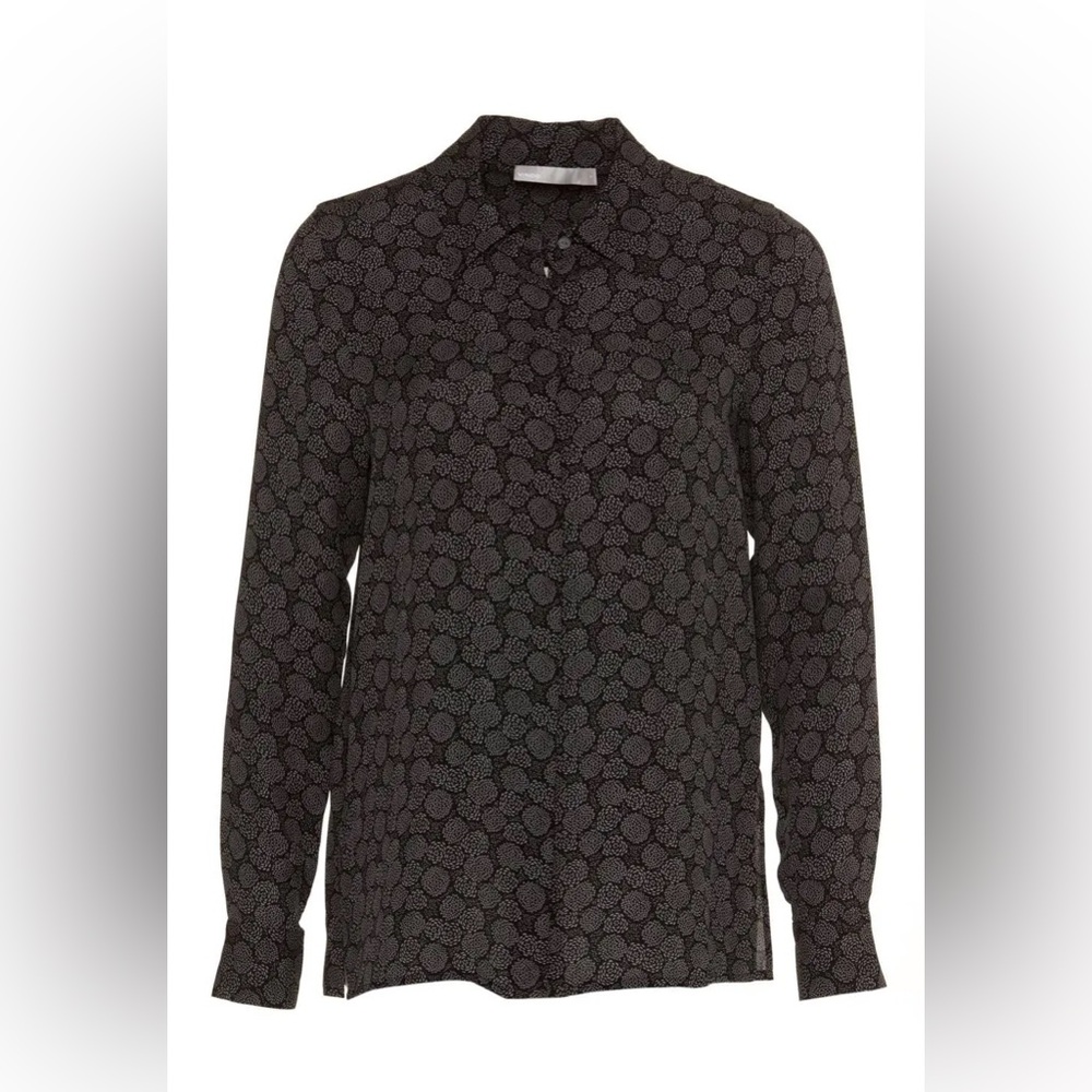 Vince Covered Placket Print Silk Shirt in Black Shark Gray Blouse - Picture 2 of 12